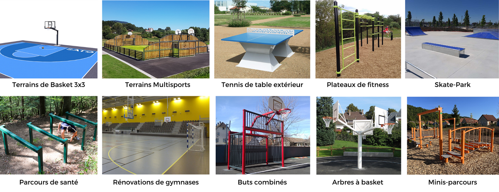 Equipements sportifs extérieurs : terrain de basket 3x3, tennis de table, aire de fitness, skate-park, 